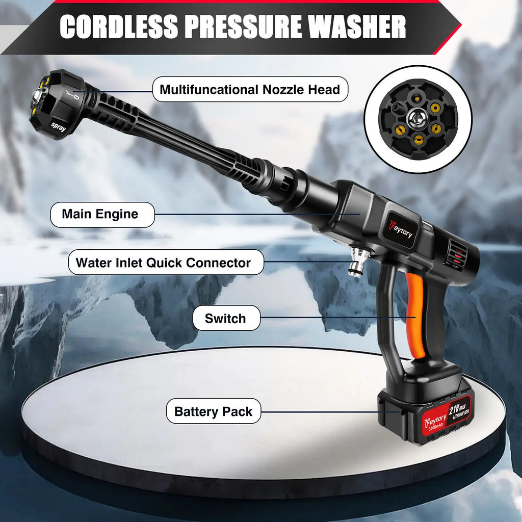 21V Cordless Power Washer Gun, Portable Pressure Cleaner with 2 Batteries & 5M Hose, 25CM Jet Wash for Car, Bike, Yard, Home
